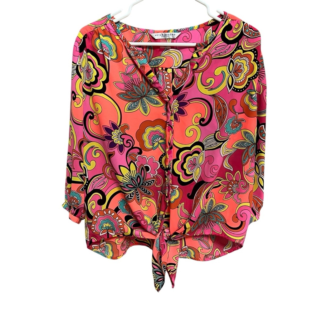PETER NYGARD WOMENS FRONT TIE HIGH LOW FLORAL MULTICOLORED BLOUSE SIZE 10